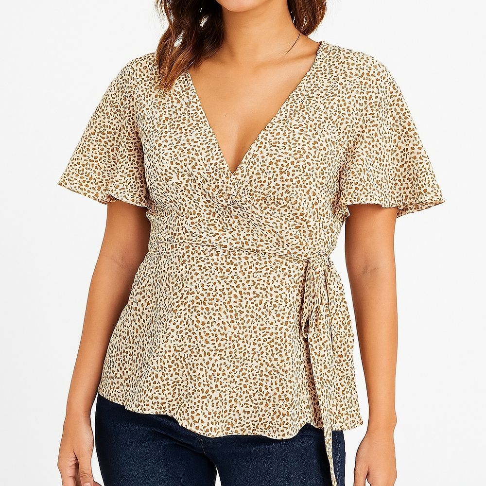Tiny Hearts Wrap Top L Cream Brown Peplum Vneck Balletcore Fairycore Coquette